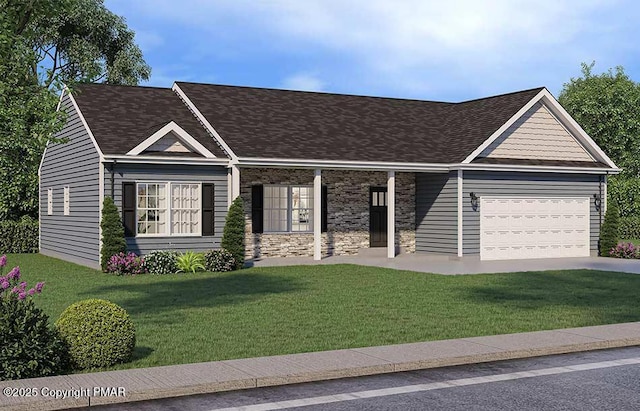 view of front of home featuring a front lawn and an attached garage