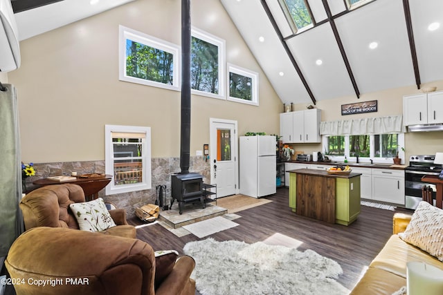 living room with dark hardwood / wood-style flooring, a skylight, high vaulted ceiling, and a wood stove