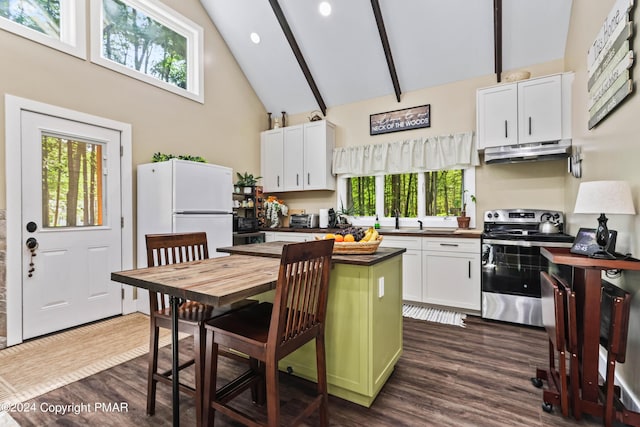 kitchen featuring white cabinetry, dark wood-type flooring, white refrigerator, and stainless steel electric range oven