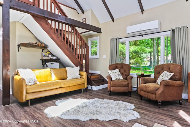 living room with high vaulted ceiling, dark hardwood / wood-style floors, a wall mounted AC, and beam ceiling