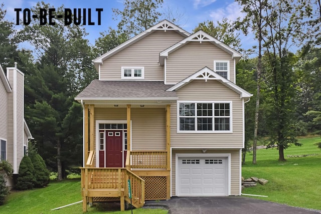 view of front of house with covered porch, aphalt driveway, a front yard, and an attached garage