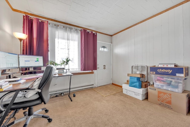 home office featuring a baseboard radiator, carpet, and crown molding