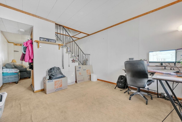 carpeted office with ornamental molding