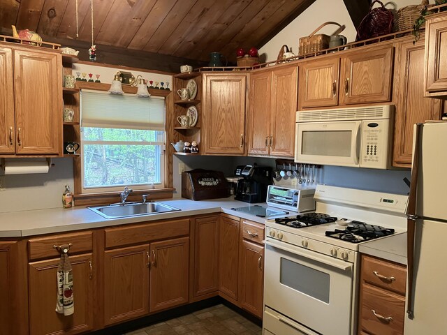 20 Horseshoe Dr, White Haven, PA 18661 - kitchen featuring white appliances, a sink, open shelves, wood ceiling, and light countertops
