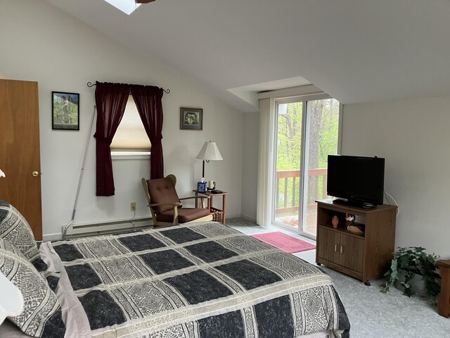 20 Horseshoe Dr, White Haven, PA 18661 - bedroom with access to outside, a baseboard heating unit, carpet, vaulted ceiling, and multiple windows