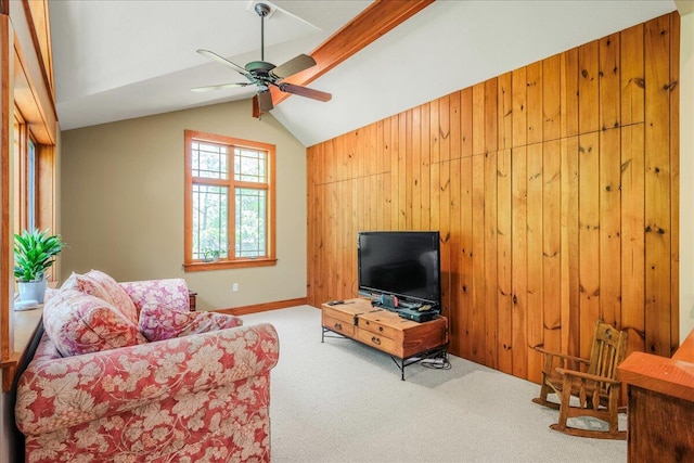 44 Watawga Way W, Gouldsboro, PA 18424 - carpeted living area featuring ceiling fan, wooden walls, and baseboards