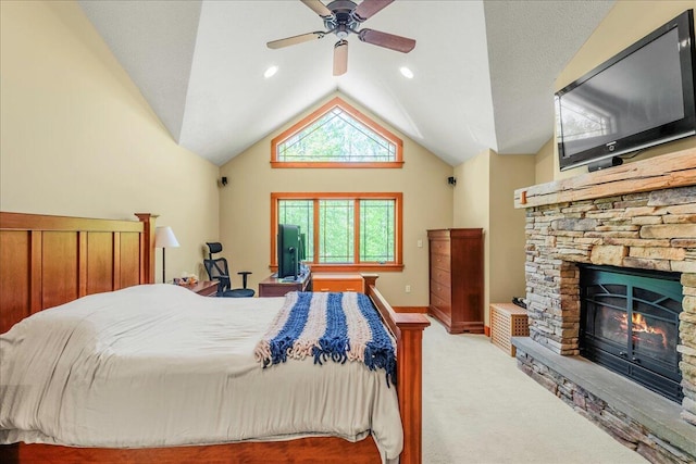 44 Watawga Way W, Gouldsboro, PA 18424 - bedroom with a fireplace, carpet, lofted ceiling, and ceiling fan