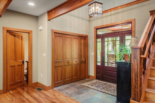 44 Watawga Way W, Gouldsboro, PA 18424 - entryway featuring baseboards, beam ceiling, stairs, recessed lighting, and a chandelier
