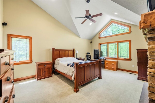 44 Watawga Way W, Gouldsboro, PA 18424 - bedroom with baseboards, light carpet, high vaulted ceiling, and ceiling fan