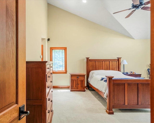 44 Watawga Way W, Gouldsboro, PA 18424 - bedroom with light colored carpet, baseboards, a ceiling fan, and high vaulted ceiling