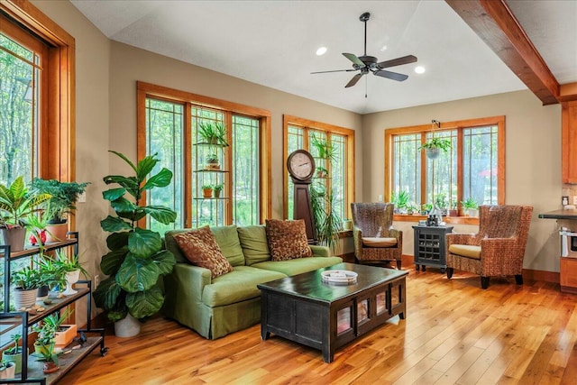 44 Watawga Way W, Gouldsboro, PA 18424 - living area featuring a ceiling fan, light wood-style floors, recessed lighting, and baseboards