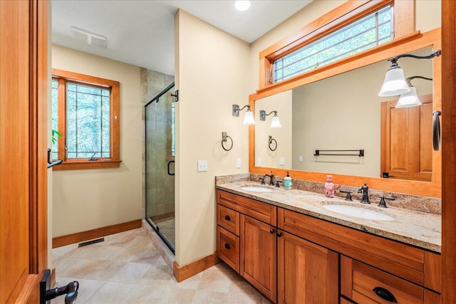 44 Watawga Way W, Gouldsboro, PA 18424 - full bath featuring baseboards, double vanity, a stall shower, and tile patterned floors