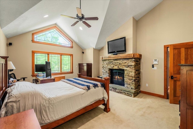 44 Watawga Way W, Gouldsboro, PA 18424 - bedroom with a stone fireplace, carpet flooring, baseboards, a ceiling fan, and high vaulted ceiling