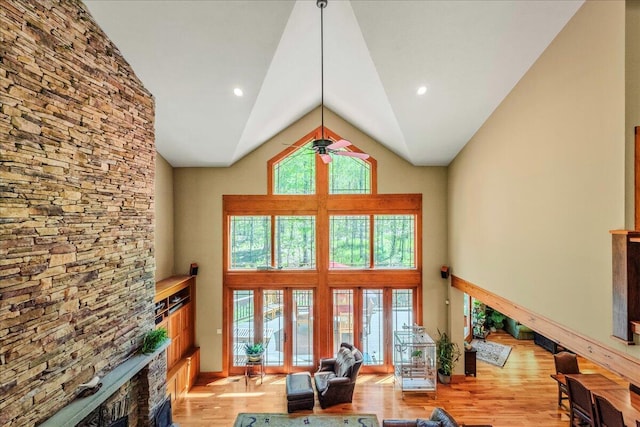 44 Watawga Way W, Gouldsboro, PA 18424 - living room with light wood-style floors, french doors, high vaulted ceiling, and recessed lighting