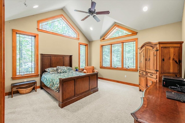 44 Watawga Way W, Gouldsboro, PA 18424 - carpeted bedroom featuring lofted ceiling, multiple windows, baseboards, recessed lighting, and a ceiling fan