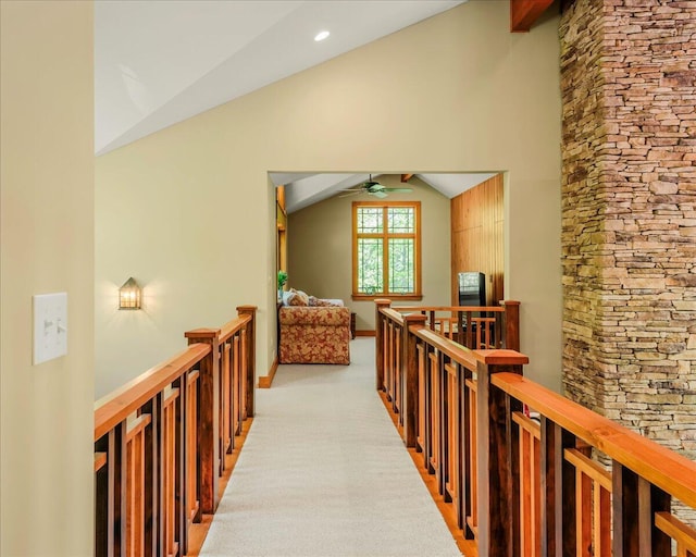 44 Watawga Way W, Gouldsboro, PA 18424 - hallway featuring an upstairs landing, vaulted ceiling, light carpet, and baseboards