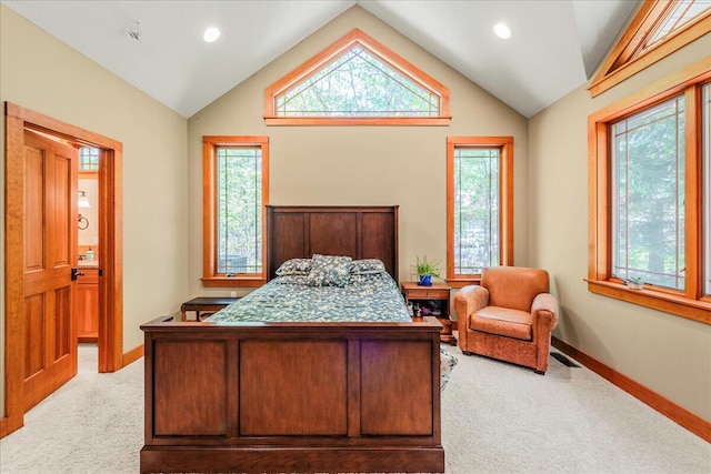 44 Watawga Way W, Gouldsboro, PA 18424 - bedroom with light colored carpet, lofted ceiling, baseboards, recessed lighting, and connected bathroom
