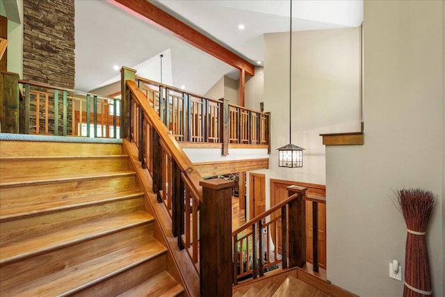 44 Watawga Way W, Gouldsboro, PA 18424 - staircase with beam ceiling, wood finished floors, and high vaulted ceiling