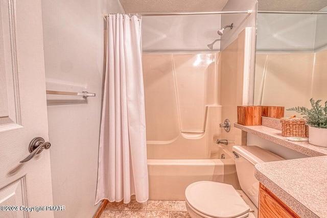 full bath featuring vanity, toilet, shower / bath combo, and tile patterned flooring