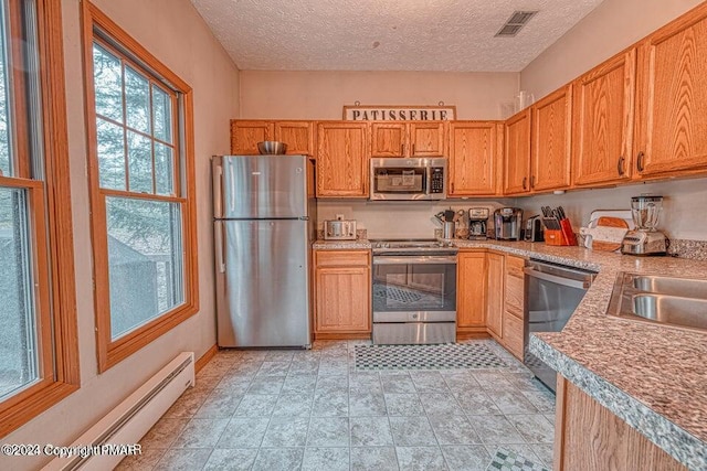 kitchen with visible vents, a textured ceiling, appliances with stainless steel finishes, light countertops, and a baseboard radiator