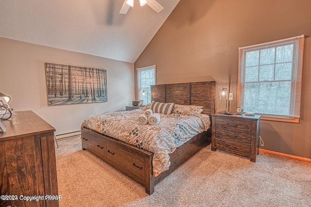 bedroom with baseboards, light colored carpet, high vaulted ceiling, a textured ceiling, and a ceiling fan