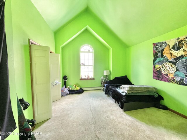 carpeted bedroom featuring lofted ceiling and a baseboard heating unit