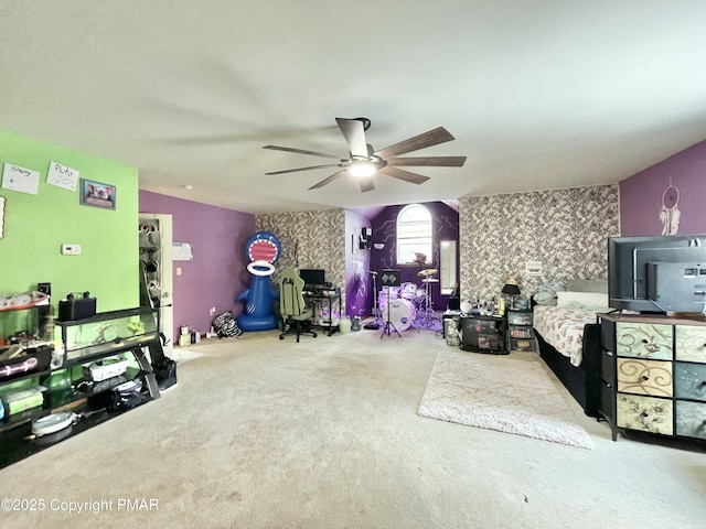 carpeted bedroom with ceiling fan