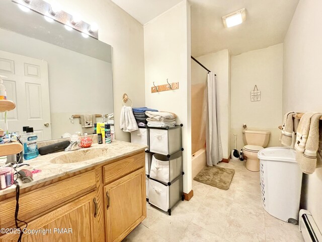 full bathroom featuring a baseboard radiator, shower / tub combo, vanity, and toilet