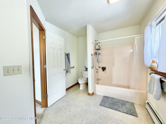 bathroom with shower / bathtub combination with curtain, baseboard heating, and toilet