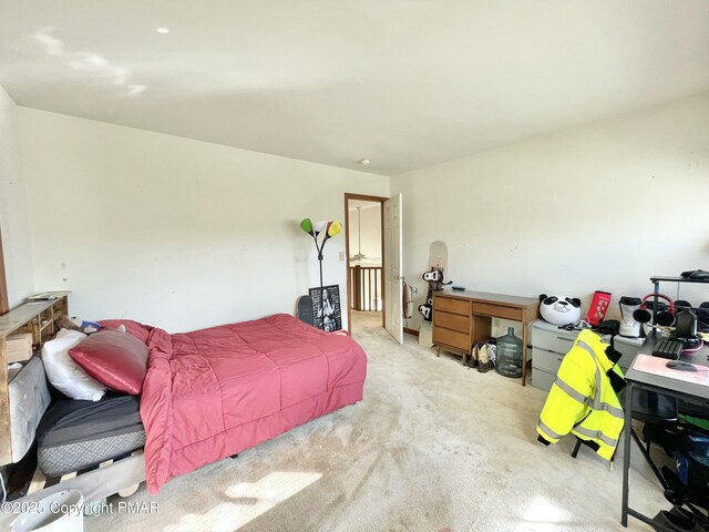 bedroom featuring light carpet