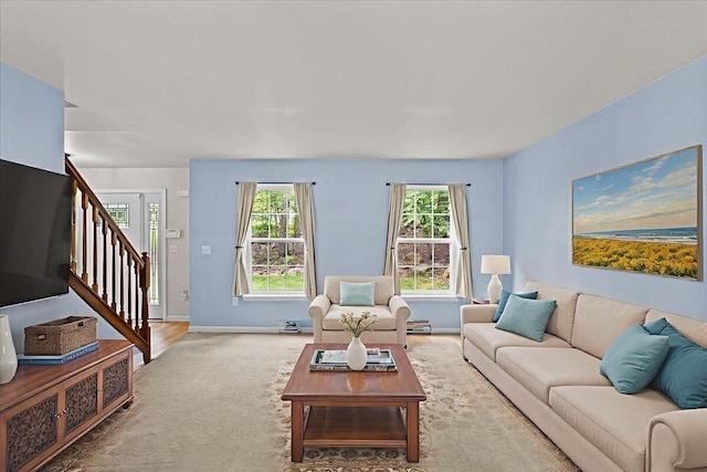 2615 Vista Dr, Blakeslee, PA 18610 - living area featuring carpet floors and stairs
