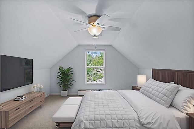 2615 Vista Dr, Blakeslee, PA 18610 - bedroom featuring light carpet, vaulted ceiling, and ceiling fan