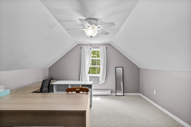 2615 Vista Dr, Blakeslee, PA 18610 - unfurnished office with baseboard heating, a ceiling fan, lofted ceiling, cooling unit, and carpet floors