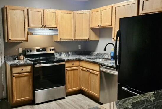328 Crewe Ct, Bushkill, PA 18324 - kitchen with stainless steel appliances, under cabinet range hood, light brown cabinetry, a sink, and dark stone counters