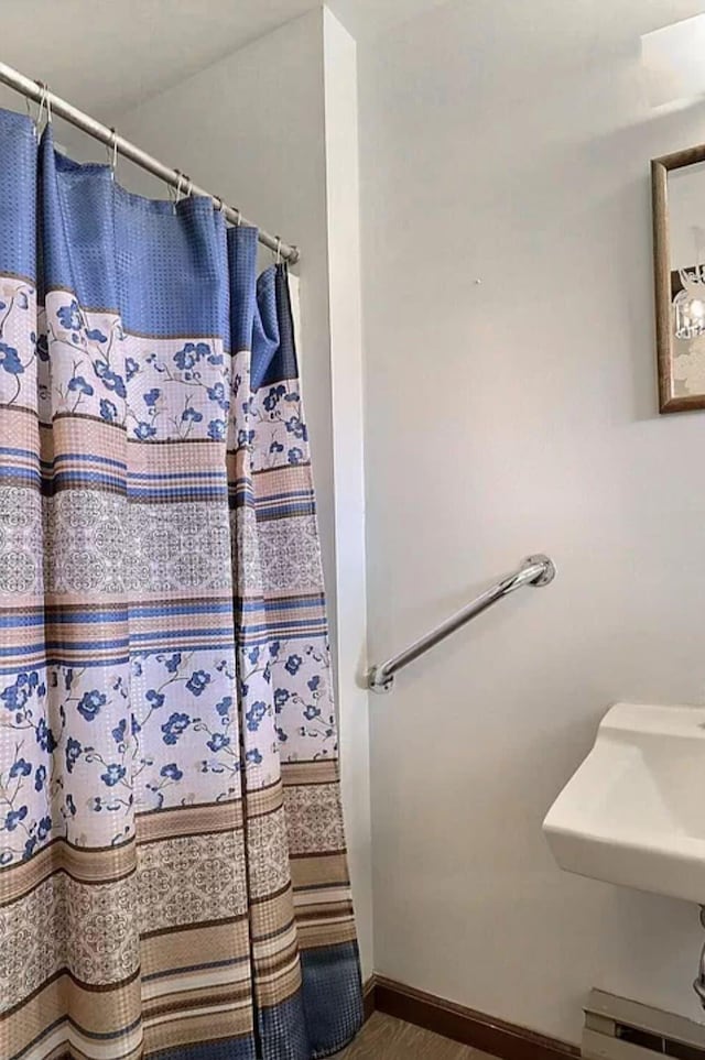 1019 Jackson View Rd, Stroudsburg, PA 18360 - bathroom with wood finished floors, a shower with shower curtain, baseboards, and baseboard heating