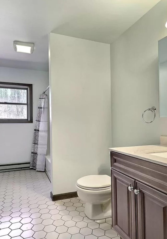 1019 Jackson View Rd, Stroudsburg, PA 18360 - full bathroom featuring vanity, toilet, baseboards, tile patterned floors, and baseboard heating