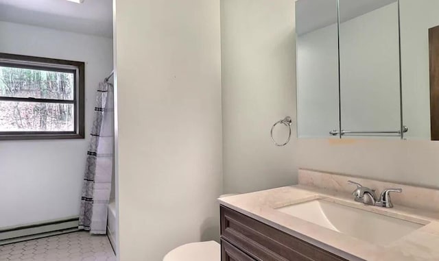 1019 Jackson View Rd, Stroudsburg, PA 18360 - bathroom with vanity, baseboard heating, toilet, and shower / tub combo