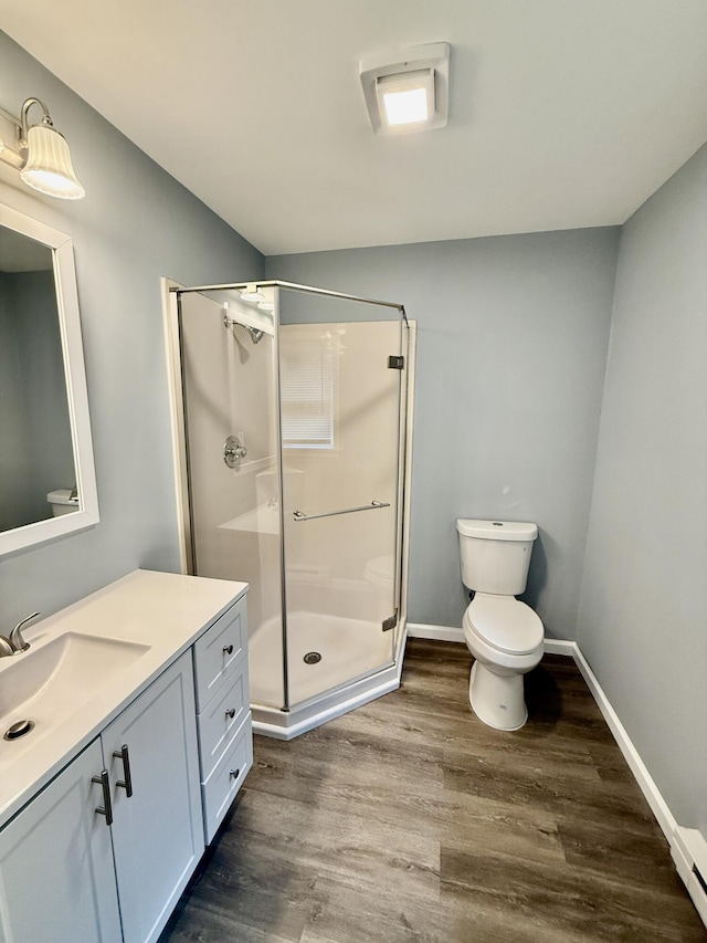 1223 Coolbaugh Rd, East Stroudsburg, PA 18302 - bathroom with toilet, a shower stall, wood finished floors, and vanity