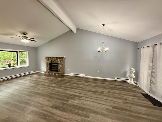 1223 Coolbaugh Rd, East Stroudsburg, PA 18302 - unfurnished living room with baseboard heating, wood finished floors, and a stone fireplace