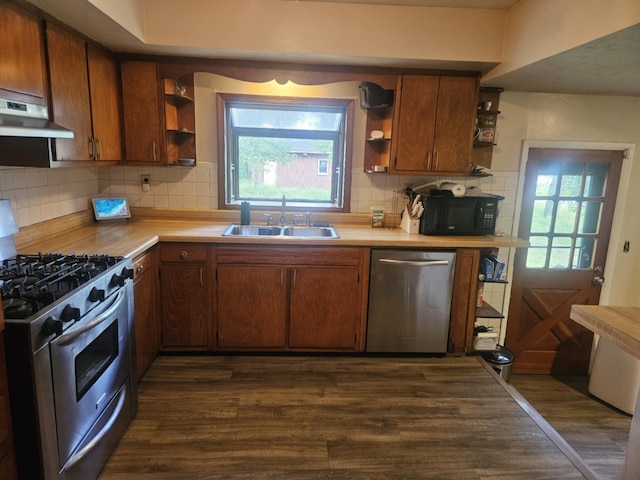 159 Summit Ave, Pocono Summit, PA 18346 - kitchen featuring open shelves, appliances with stainless steel finishes, under cabinet range hood, and dark wood-style flooring