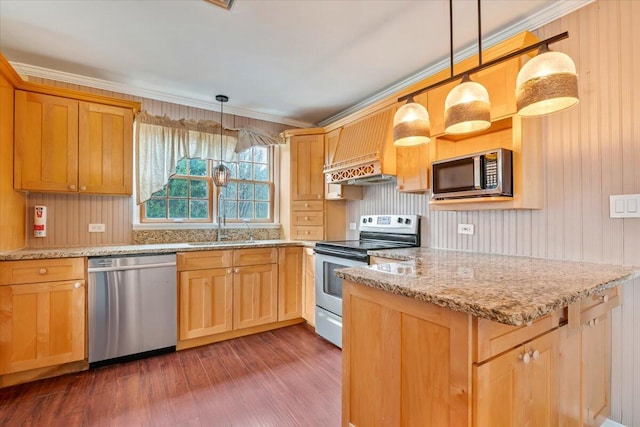 kitchen with light stone counters, custom range hood, a sink, appliances with stainless steel finishes, and dark wood-type flooring