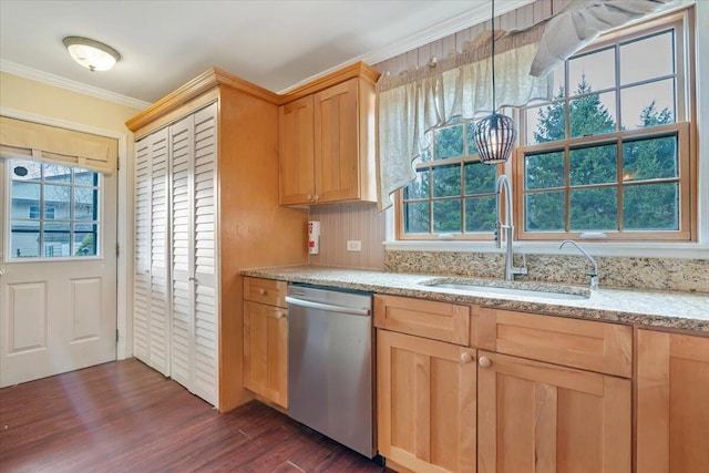 kitchen with light brown cabinets, ornamental molding, dishwasher, a sink, and dark wood-style floors