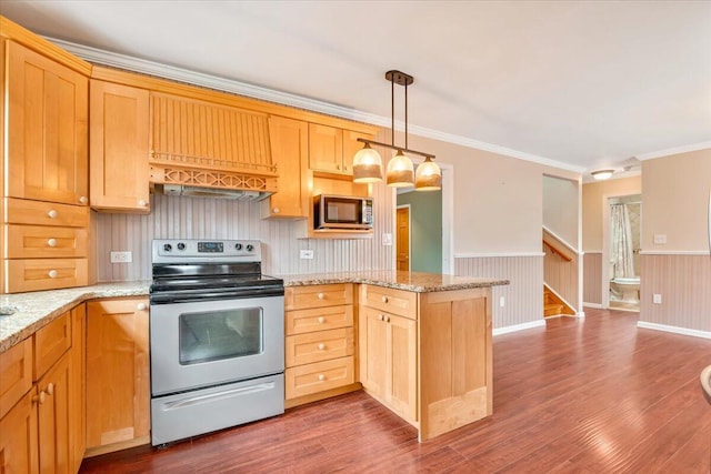 kitchen featuring ornamental molding, a peninsula, appliances with stainless steel finishes, and dark wood-type flooring