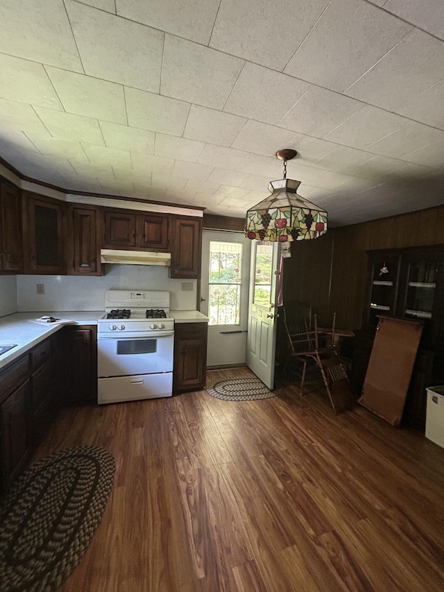 70 Indian Run Rd, Weatherly, PA 18255 - kitchen featuring white gas range, under cabinet range hood, light countertops, dark wood-style floors, and dark brown cabinets