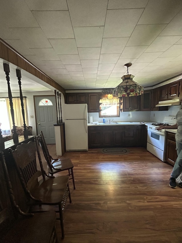70 Indian Run Rd, Weatherly, PA 18255 - kitchen featuring white appliances, dark wood-style flooring, dark brown cabinets, light countertops, and plenty of natural light