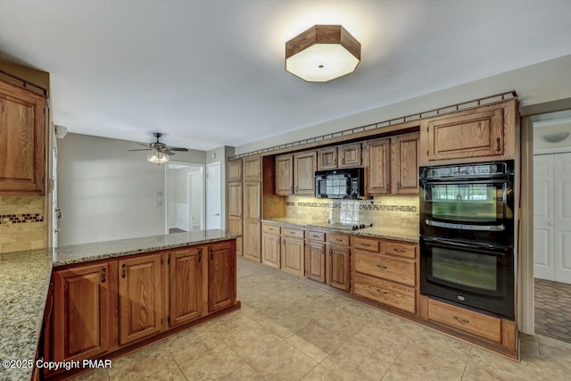 127 Ladderback Ln, Cresco, PA 18326 - kitchen with black appliances, backsplash, a ceiling fan, and light stone countertops