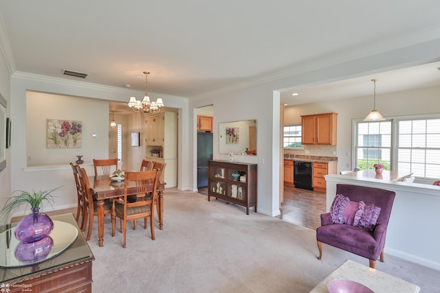 11 Inverness Ln, Easton, PA 18045 - dining room with a chandelier, light carpet, crown molding, and baseboards