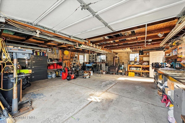 garage with a workshop area