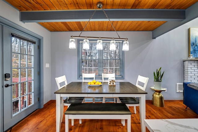 dining area with wooden ceiling, wood finished floors, and beam ceiling