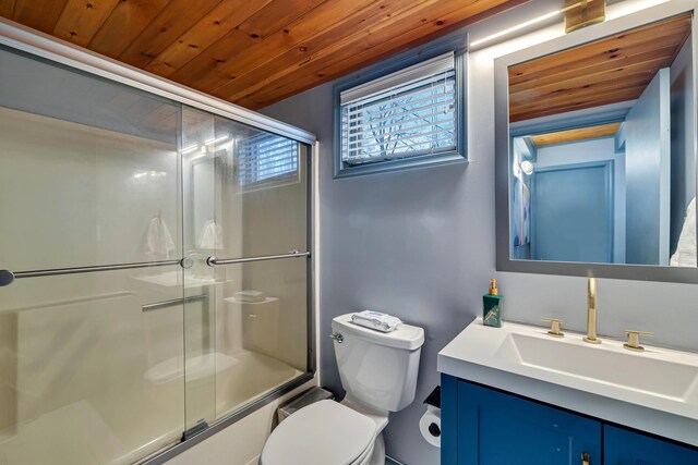 bathroom with toilet, wooden ceiling, and vanity